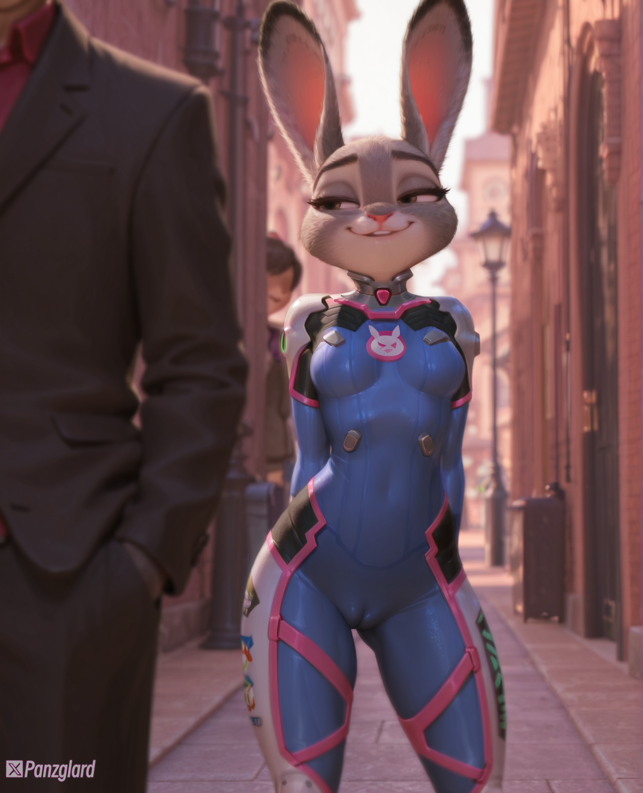 ai generated, cameltoe, d.va (cosplay), female, fur, furry, high resolution, highres, hires, judy hopps, overwatch, overwatch 2, panzglard, size difference, zootopia, zootopia 2