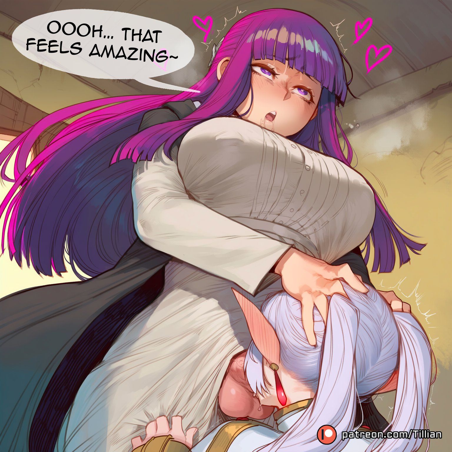 2girls, ai generated, balls, black coat, blunt bangs, blush, breasts, capelet, coat, covered nipples, deepthroat, dress, ear blush, earrings, elf, english text, erection, fellatio, female, fern (sousou no frieren), frieren, futa with female, futanari, grey hair, head grab, heart, heart-shaped pupils, intersex, irrumatio, jewelry, large breasts, long hair, long sleeves, multiple females, multiple girls, open mouth, oral, patreon logo, patreon username, penis, pointy ears, purple eyes, purple hair, rolling eyes, saliva, sousou no frieren, speech bubble, standing, symbol-shaped pupils, teeth, testicles, tillian, trembling, twintails, uncensored, upper teeth only, white dress