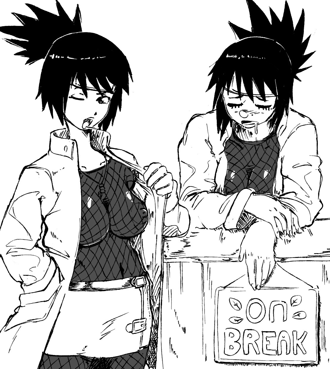 1girls, 2d, 2d (artwork), blank background, breasts, breasts visible through clothing, coat, coat open, female, flashing, hand in pocket, immisterplow, looking at viewer, mesh, mesh clothing, mesh shirt, miniskirt, mitarashi anko, monochrome, mrplow34, naruto, naruto (series), nipples, sleeping, solo, solo female, spiky ponytail, white background, winking at viewer