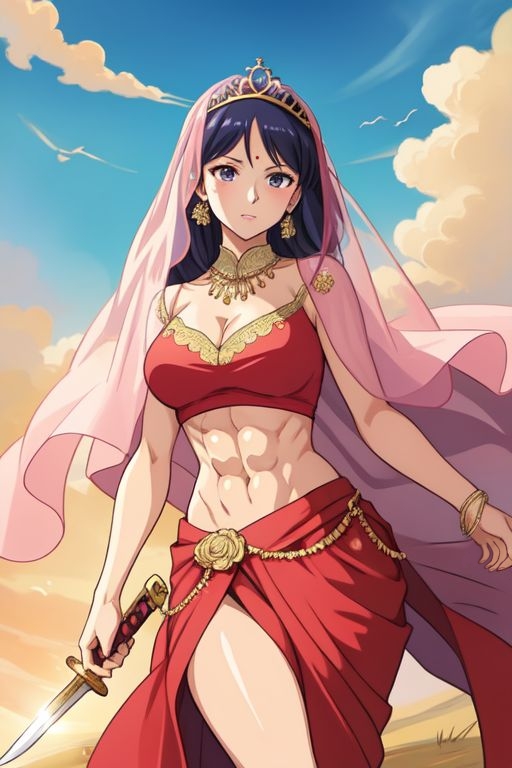 abs ai_generated bangle bare_thighs bindi blouse blue_eyes blue_sky cleavage cloud clouds dagger desert earrings female female_only gold_eyes holding_object holding_weapon hourglass_figure indian indian_clothes indian_female jewelry light-skinned_female light_skin lipstick looking_at_viewer midriff navel necklace purple_hair red_clothing saree sari solo solo_female solo_focus thighs violet_hair