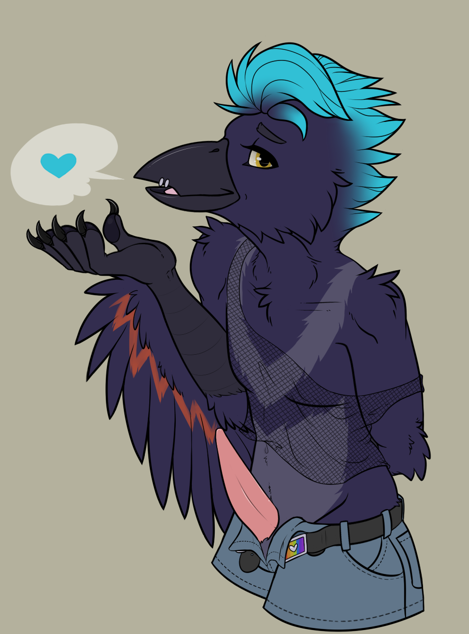 avian bird blowing_kiss bottomwear clothing corvid corvus_(genus) crow cutoffs daisy_dukes denim denim_bottomwear denim_clothing erection genitals hi_res hotpants male male/male oscine passerine penis shorts