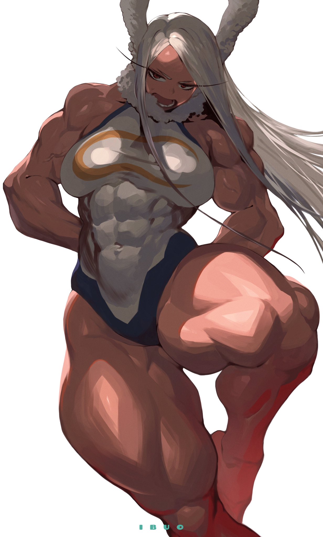 1girls, 2023, abs, animal ears, artist name, bare shoulders, barefoot, breasts, bunny ears, clothing, curvy, dark skin, dark-skinned female, eyelashes, female, female focus, female only, fur collar, half-closed eyes, hands behind back, hips, human, ibuo, leotard, long hair, long legs, looking at viewer, medium breasts, miruko, muscular, muscular female, my hero academia, navel, navel visible through clothes, one leg up, open mouth, red eyes, revealing clothes, rumi usagiyama, shiny skin, simple background, skimpy, sleeveless, solo, solo female, teeth, thick thighs, thighs, tongue, turtleneck, vein, watermark, white background, white hair, wide hips