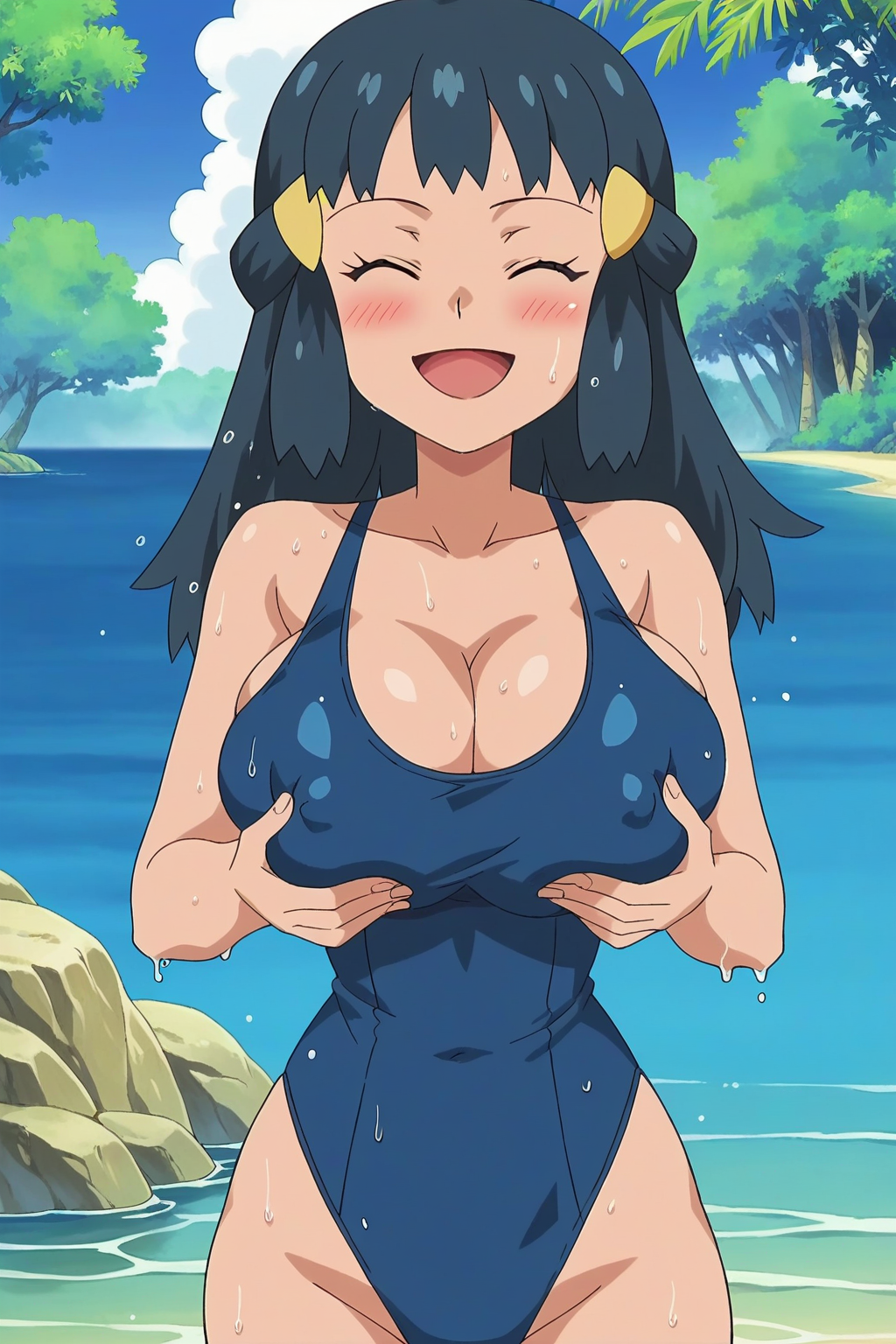 ai_generated aindroidparanoid beach blue_eyes blue_hair blue_swimsuit covered_nipples dawn_(pokemon) grabbing_own_breast happy huge_breasts outdoors pokemon stable_diffusion
