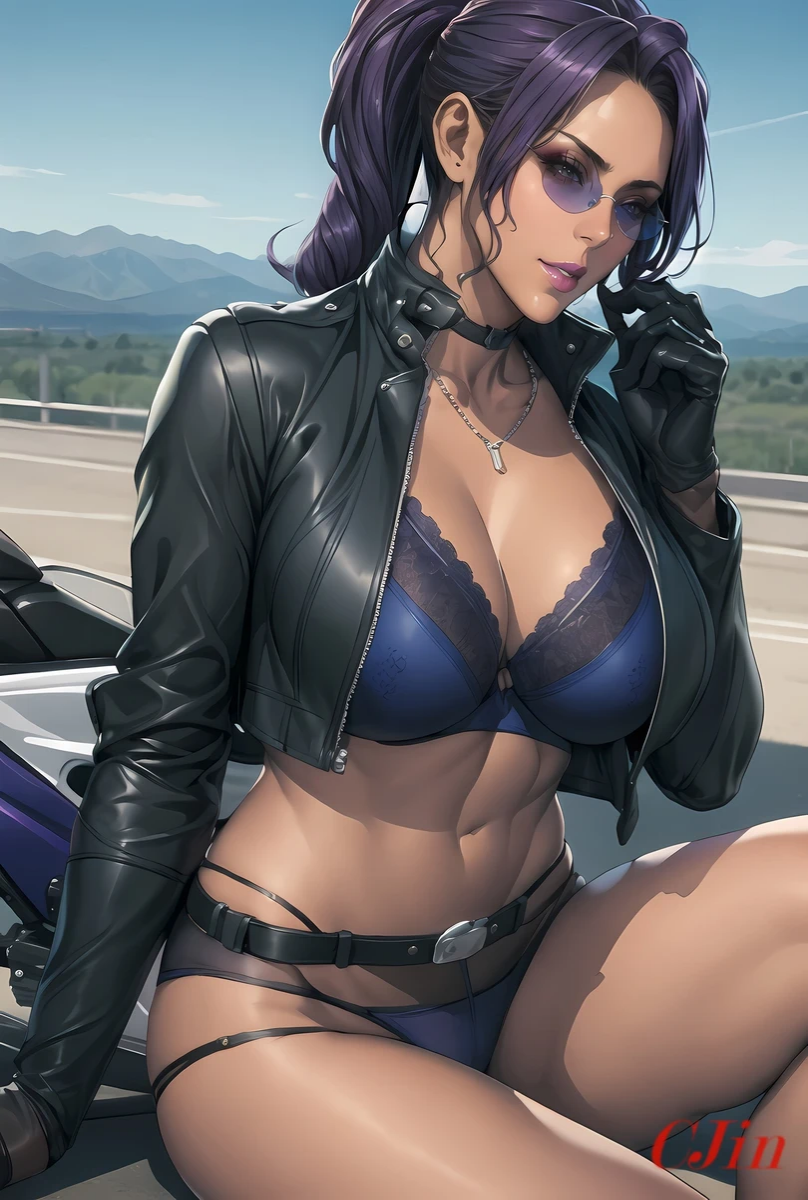 1girls ai_generated belly_button big_breasts cjin dark-skinned_female dark_skin highschool_of_the_dead large_breasts leather leather_jacket lingerie mature_female navel panties pendant purple_hair rika_minami solo solo_female sunglasses