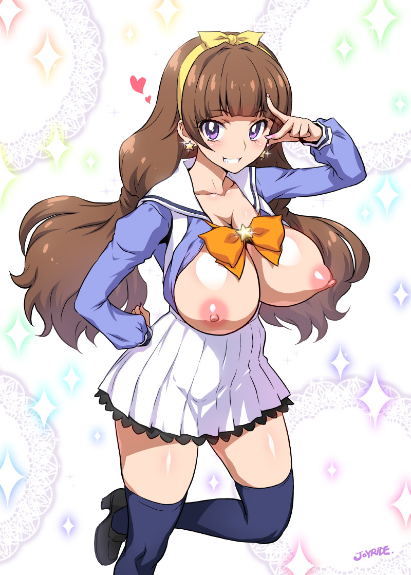 amanogawa_kirara blush breasts brown_hair clothing go!_princess_precure joy_ride large_breasts precure pretty_cure purple_eyes stockings tied_hair twintails