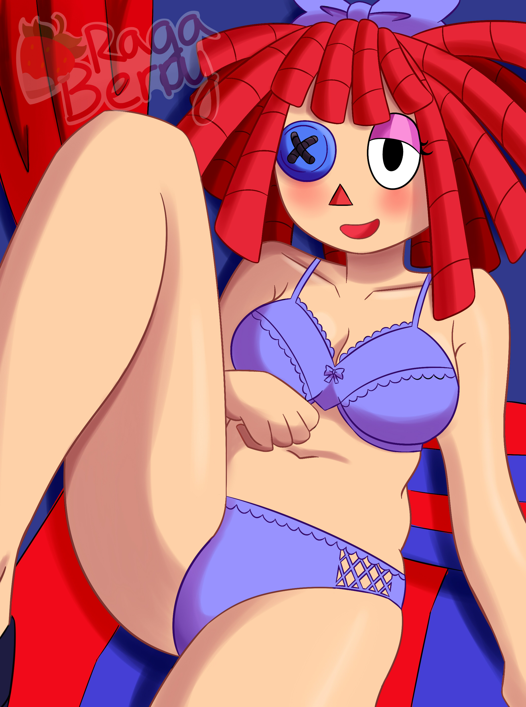 2d, 2d (artwork), artist request, bed, bedroom eyes, belly, big breasts, blush, bra, breasts, button eyes, cleavage, digital media (artwork), female, female focus, female only, glitch productions, high heels, lingerie, midriff, panties, presenting, ragatha, ragatha (the amazing digital circus), red hair, sole female, the amazing digital circus, thighs