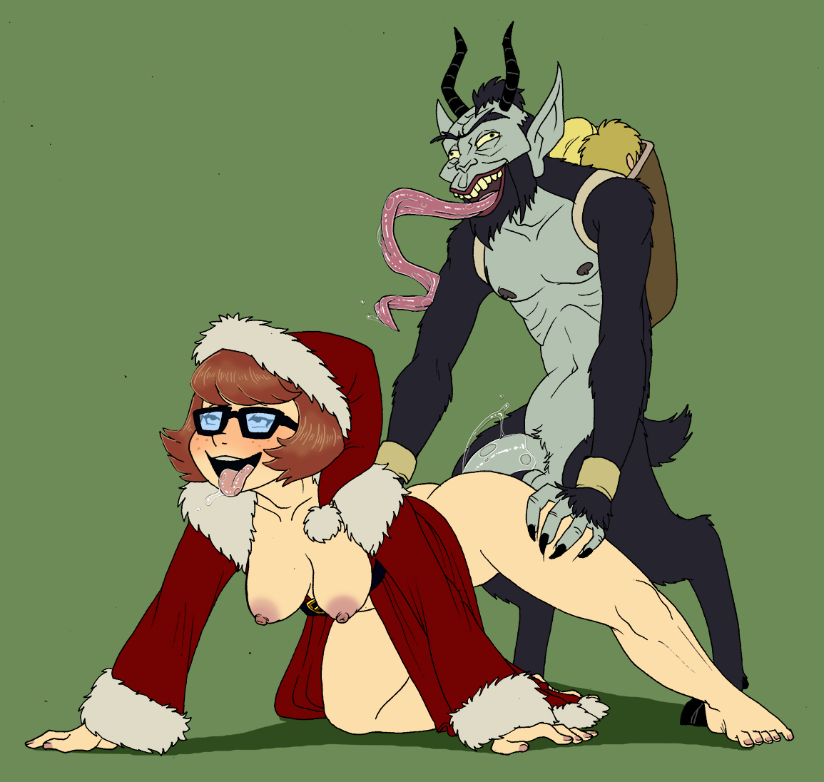 aftersex, ahegao, barefoot, christmas, crossover, doggy style, dontfapgirl, female, hanna-barbera, krampus, male, nipples, penis, scooby-doo, velma dinkley, venture brothers