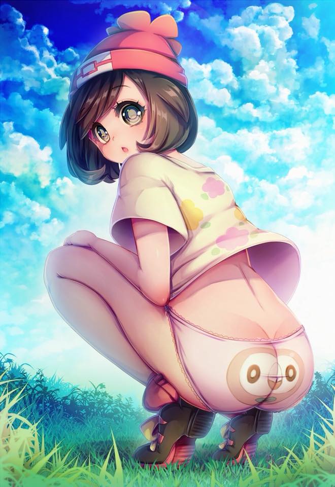 :o, 1girls, ass, ass cleavage, ass crack, bangs, beanie, blue sky, brown hair, butt crack, cloud, day, female, female only, from behind, full body, grass, hat, human, human only, looking at viewer, looking back, naoto (yandereheaven), nintendo, outdoors, panties, pantsu, plant, pokemon, pokemon sm, print shirt, selene (pokemon sm), selene (pokemon), shirt, shoes, short black hair, short sleeves, sky, solo, squatting