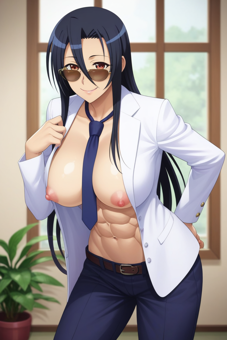 abs ai_generated athletic_female black_hair breasts brown-tinted_eyewear clothed female female_only formal formal_attire formal_clothes formal_wear furr_app girl_in_suit highres image kuroko_smith large_breasts long_hair looking_over_eyewear looking_over_glasses looking_over_sunglasses mature_female monster_musume monster_musume_no_iru_nichijou muscles muscular muscular_female navel necktie smile solo suit suit_and_tie sunglasses tagme tie tinted_eyewear undressing woman_in_suit