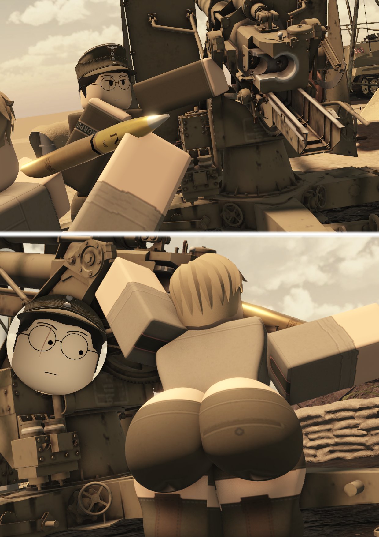 2024, 2boys, 3d, ammunition, artillery, artillery shell, ass, ass bigger than head, ass cleavage, ass focus, big ass, big butt, black hair, blonde hair, boots, bottom heavy, bubble butt, clothed, clothing, comic, curvaceous, curvy, curvy figure, day, desert, duo, enormous ass, erich kraus, fat ass, femboy, fully clothed, gay, girly, glasses, hat, huge ass, huge butt, male, male only, male/male, military, military uniform, original character, original characters, outside, panzerjungen, reloading, roblox, robloxian, sand, scar, shocked, staring, thick, thick ass, thick thighs, twink, unknown character, voluptuous, wardrobe malfunction, weapon, wide hips, yaoi