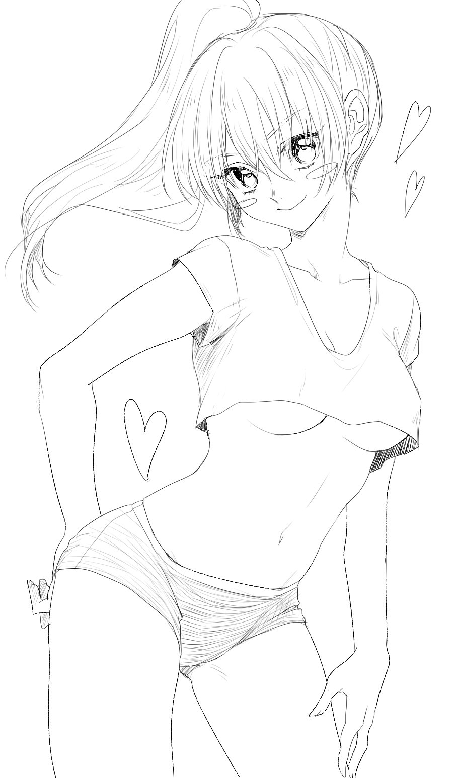 canon_genderswap crop_top female female_only genderswap_(mtf) gintama hand_on_hip hotpants line_art long_hair looking_at_viewer medium_breasts monochrome no_bra okita_sougo okita_souko omochinko ponytail rule_63 short_shorts shorts smile solo t-shirt underboob