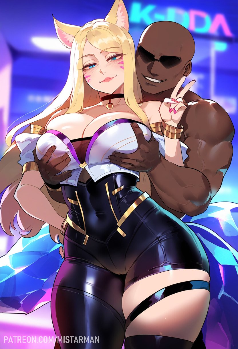 1boy 1girls ahri ai_generated bare_arms bare_legs bare_shoulders bare_thighs big_breasts blonde_hair blue_eyes blush color dark-skinned_male dark_skin female fox fox_ears fox_girl fox_tail grabbing_breasts hand_on_breast hi_res interracial k/da_ahri k/da_series large_breasts league_of_legends light-skinned_female light_skin long_hair looking_at_viewer male male/female mistarman muscles muscular muscular_male tagme thick_thighs