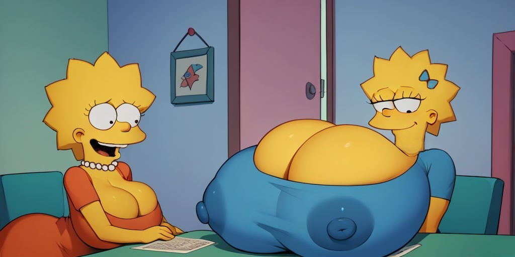 adult ai_generated breast_envy huge_breasts hyper hyper_breasts lisa_simpson maggie_simpson sisters the_simpsons yuri