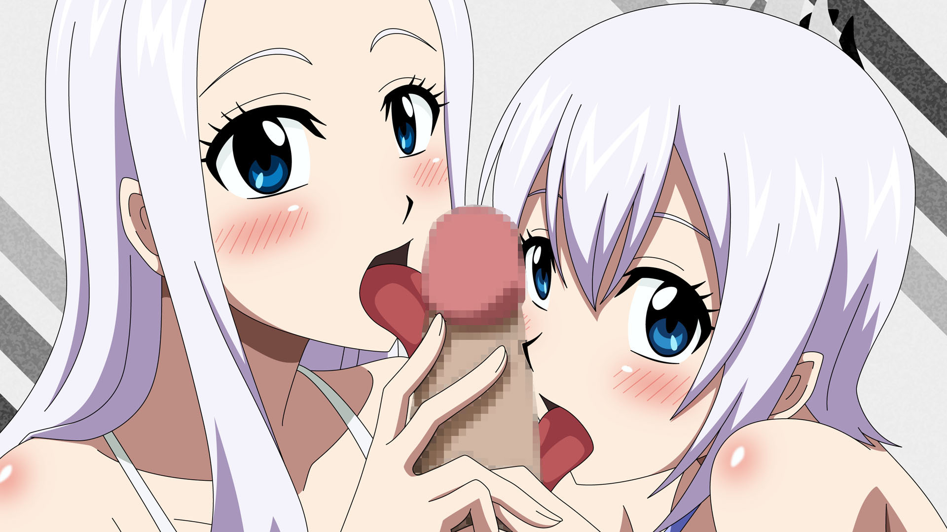 1boy, 2girls, bare shoulders, blue eyes, blush, censored, collaborative fellatio, collarbone, double fellatio, double handjob, fairy tail, fellatio, female, handjob, highres, licking, lisanna strauss, looking at viewer, male, mirajane strauss, mosaic censoring, multiple fellatio, multiple females, multiple girls, open mouth, oral, penis, short hair, siblings, simple background, sisters, teamwork, tongue, tongue out, white hair, white-haired female