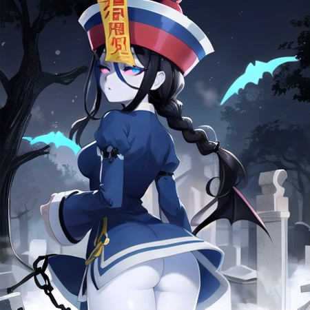 1girls ai_generated ass black_hair bloons_tower_defense female female_only humanized jiangshi looking_at_viewer looking_back sauda skirt skirt_lift solo