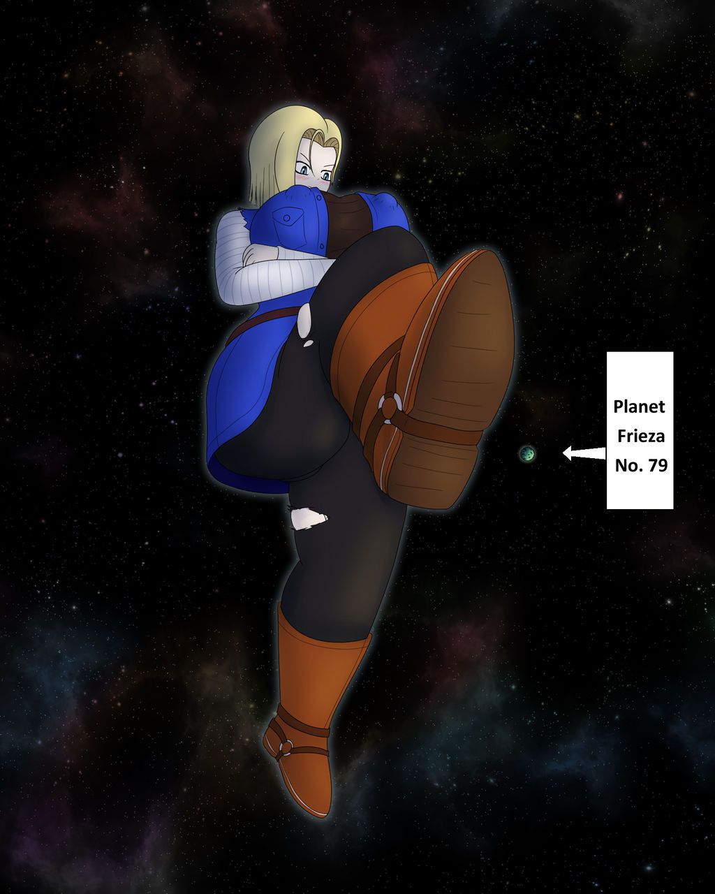1girls android_18 arms_crossed big_breasts blonde_female blonde_hair blonde_hair_female breasts clothed clothed_female cyborg cyborg_girl dragon_ball dragon_ball_z frit9 frown frowning giant_woman giantess giga_giantess imminent_death light-skinned_female light_skin planet space torn_clothes torn_clothing torn_legwear