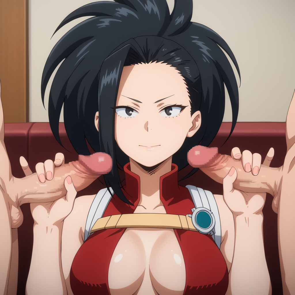 ai_generated black_hair boku_no_hero_academia double_handjob momo_yaoyorozu my_hero_academia ponytail