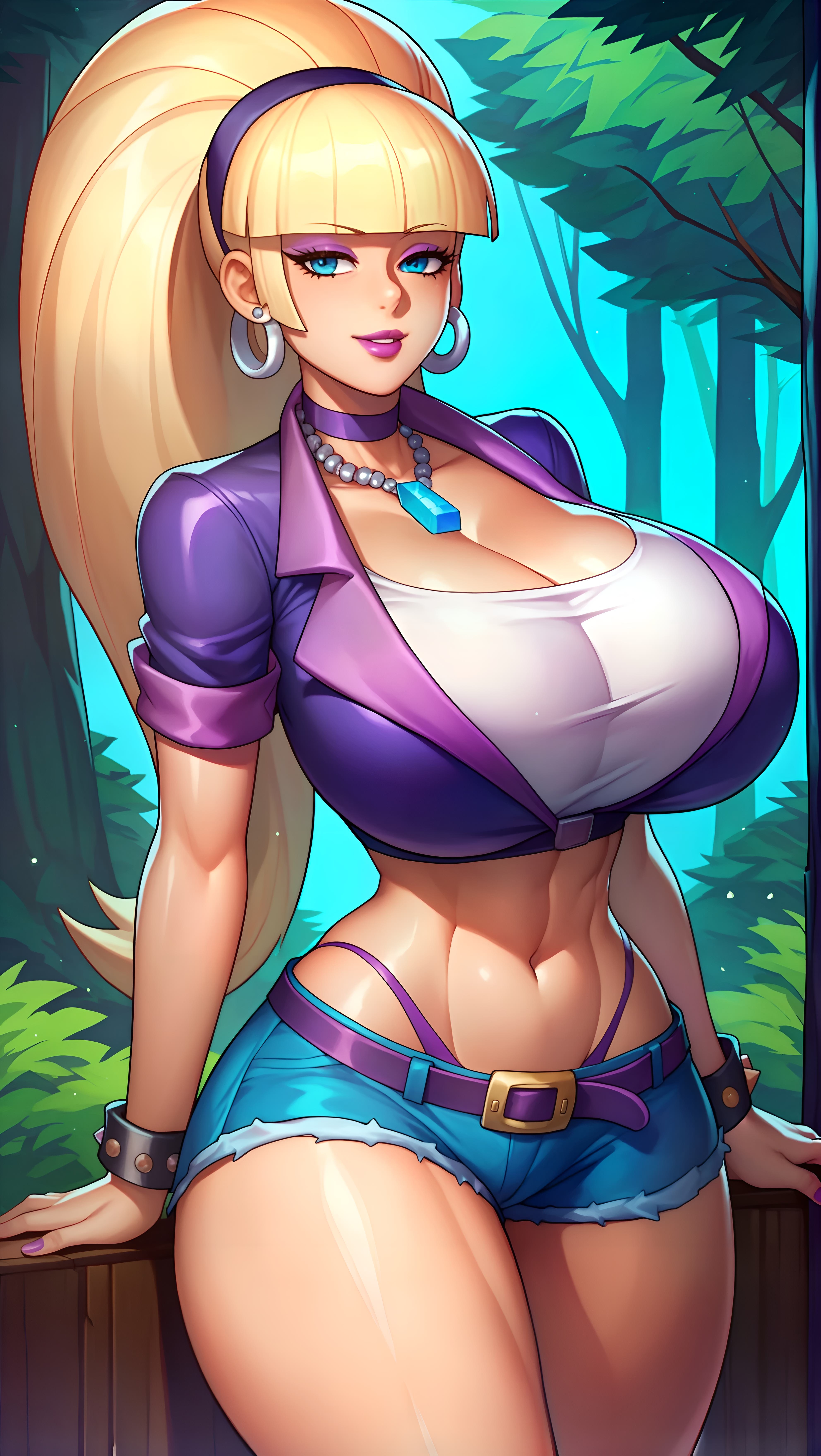 1girls, ai generated, big breasts, blonde hair, breasts, dans ai, denim, denim shorts, disney, earrings, eyeshadow, female, gravity falls, huge breasts, jean shorts, lipstick, makeup, nail polish, necklace, pacifica northwest, pink eyeshadow, pink lipstick, purple nails, shorts