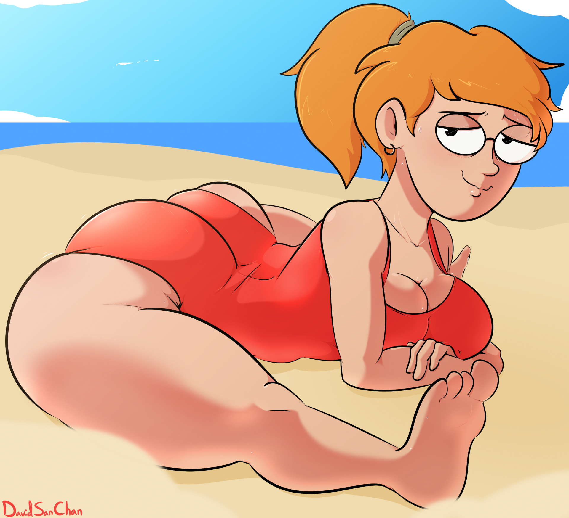 1girls, about to burst, ass, ass too big, barely contained, barely contained ass, barely fits, big ass, bubble ass, bubble butt, davidsanchan, fat ass, female, female only, glasses, huge ass, imminent wardrobe malfunction, large ass, looking at viewer, one-piece swimsuit, orange hair, png, smiling friends, solo, splits, swimsuit, thick ass, thick thighs, tight fit, tight swimsuit, tight swimwear, too tight, undersized clothes, undersized clothing, wide hips, zoey (smiling friends)