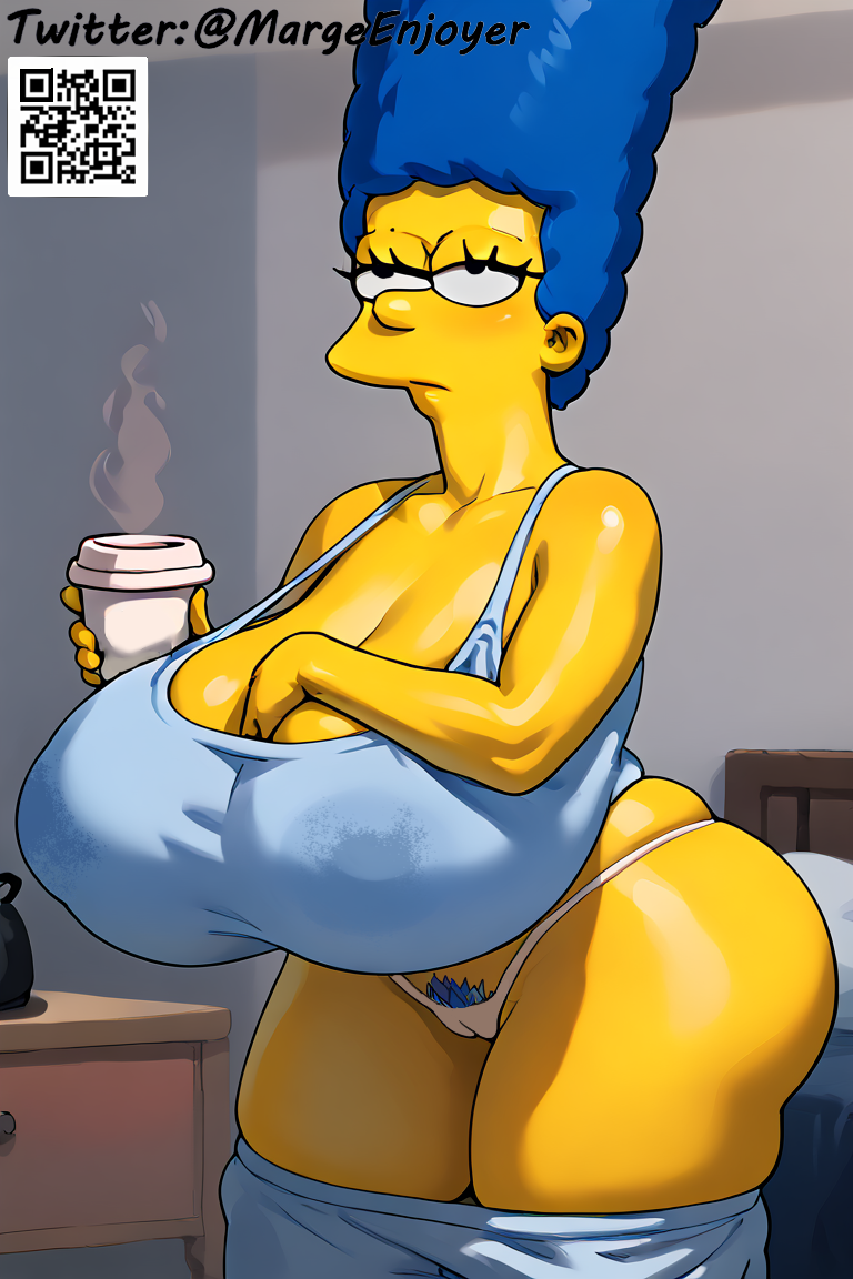 ai_generated big_breasts blue_hair blue_pubic_hair coffee coffee_cup half-closed_eyes hand_in_underwear huge_breasts marge_simpson margeenjoyer milf pubic_hair qr_code self_upload sleepy the_simpsons venus_body wide_hips yellow_skin