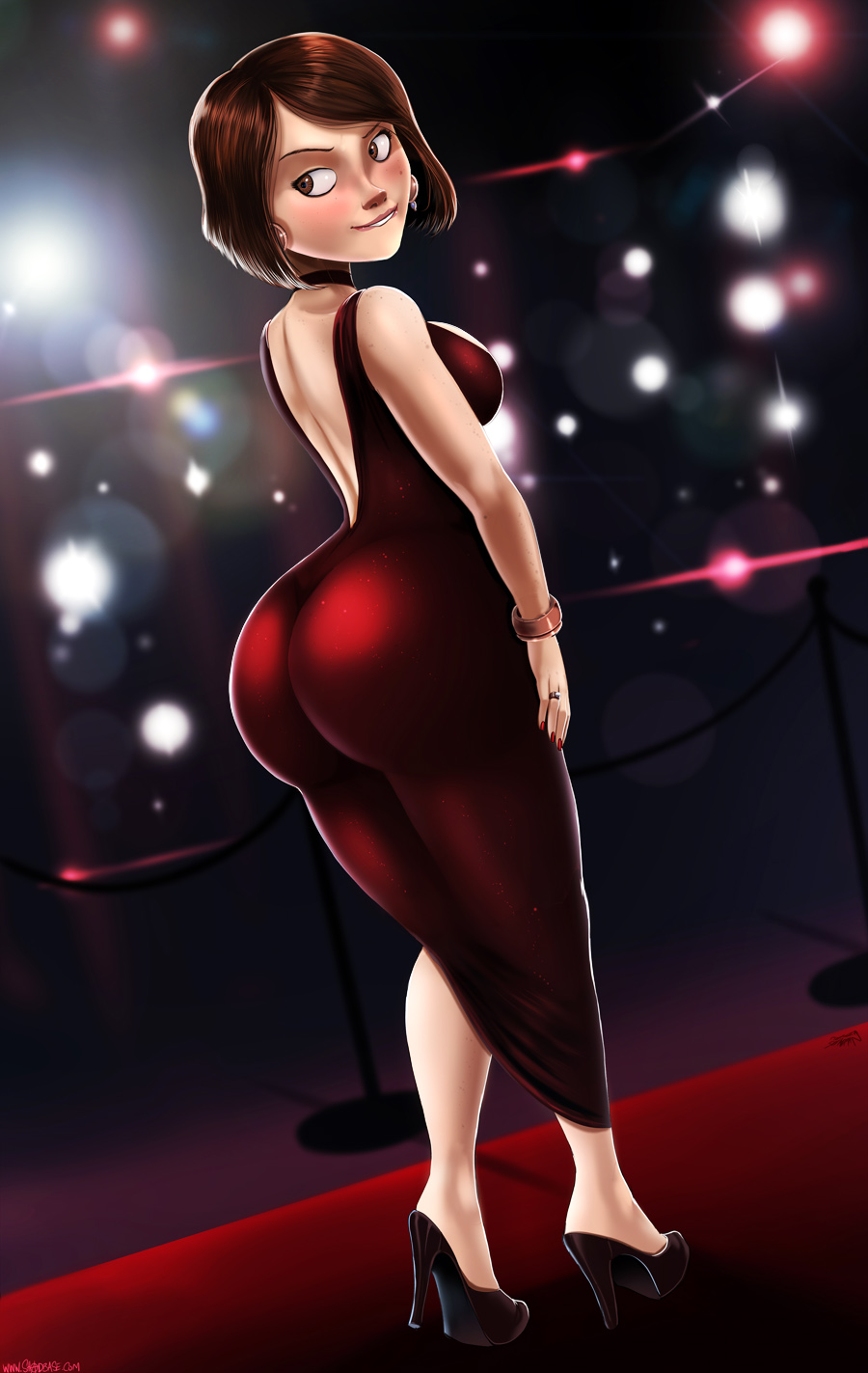 ass, ass in dress, biting lip, breasts, brown eyes, brown hair, choker, disney, dress, female, female only, helen parr, high heels, huge ass, large breasts, looking back, milf, pixar, public, red dress, shadman, short hair, smile, smooth skin, solo, standing, the incredibles
