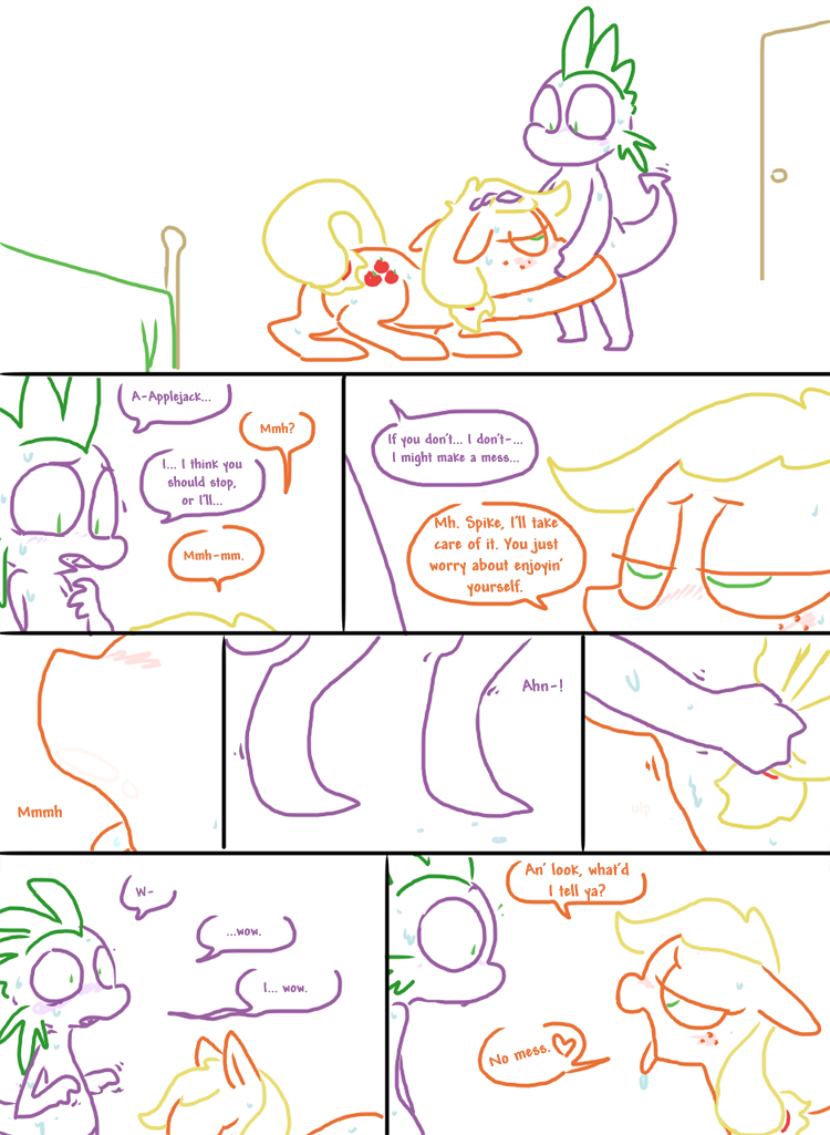 applejack_(mlp) applejack_season blush comic dialogue dragon drooling english_text equine fellatio friendship_is_magic horse in_heat interspecies mammal my_little_pony oral orgasm pony scalie sex smooth_skin spike_(mlp) straight swallowing sweat text the_weaver tongue tongue_out wide_eyed