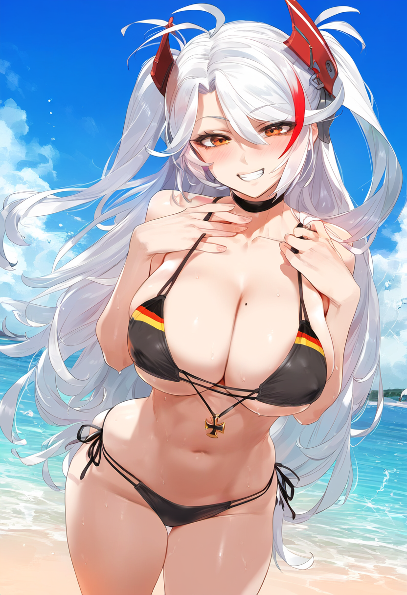 azur_lane boob_mole german_flag_bikini iron_blood_ iron_cross light-skinned_female multicolored_hair prinz_eugen_(azur_lane) prinz_eugen_(unfading_smile)_(azur_lane) silver_hair smile