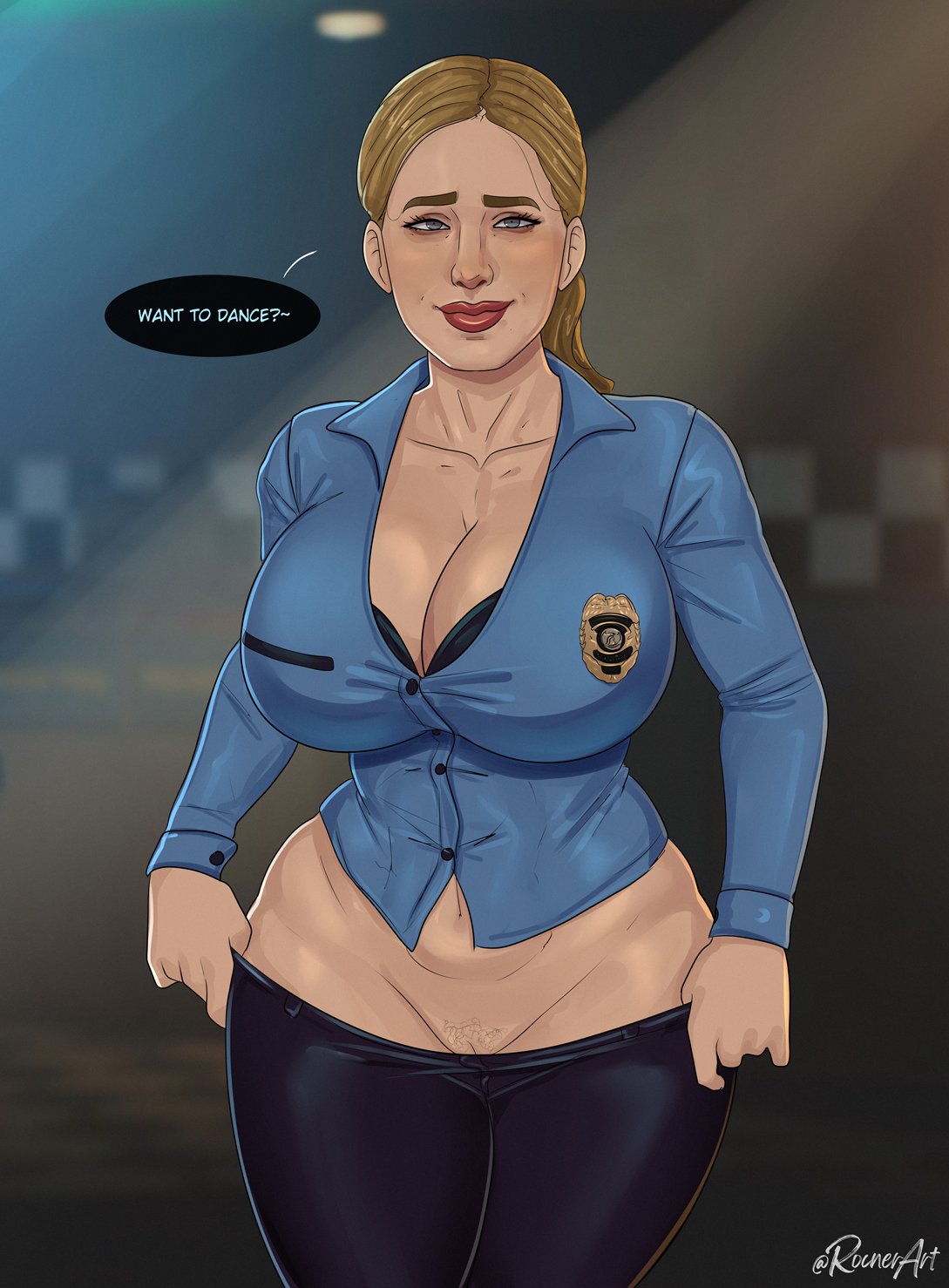 1girls about_to_burst about_to_pop big_ass big_breasts blumhouse_productions bra busty button_down_shirt buttoned_shirt buttons cleavage female female_only five_nights_at_freddy's five_nights_at_freddy's_(film) giant_breasts huge_breasts milf_body no_panties police police_uniform pulling_down_pants rocner solo undressing universal_studios vanessa_(fnaf) vanessa_shelly wide_hips wide_thighs