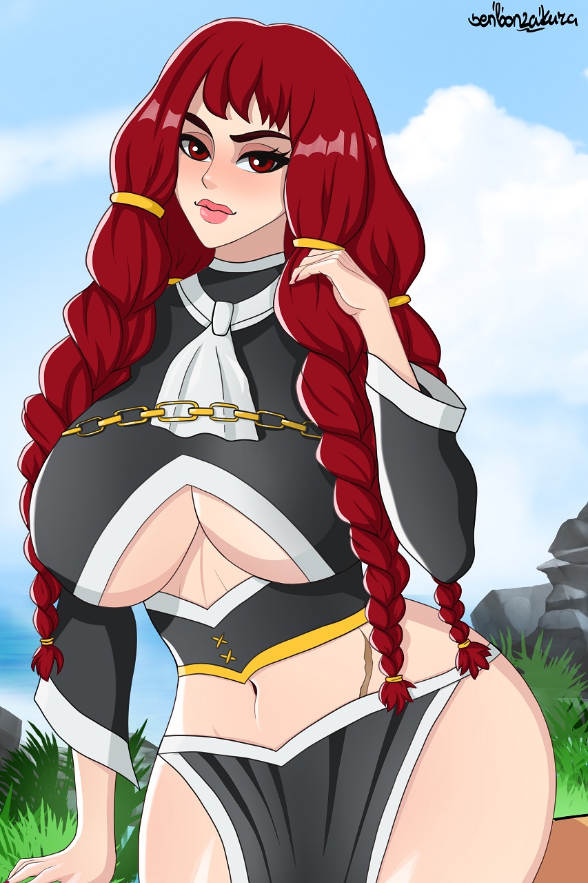 1female 1girls big_breasts blush breasts cleavage clothed clothing dragon eyebrows fairy_tail female female_focus female_only hair hips human irene_belserion large_breasts light_skin long_hair looking_at_viewer milf nature nature_background outdoors outside red_eyes red_hair senbonzakuraart smile solo solo_focus sorceress thick_thighs thighs twintails underboob wide_hips