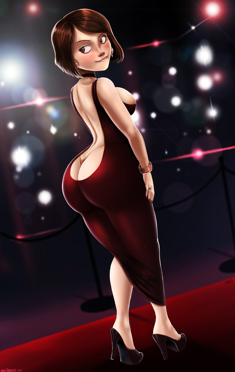 ass, ass cleavage, ass crack, ass in dress, biting lip, bracelet, breasts, brown eyes, brown hair, butt crack, choker, cleavage, disney, dress, female, female only, helen parr, high heels, huge ass, large breasts, looking back, milf, nail polish, pixar, public, revealing clothes, ring, shadman, short hair, skimpy, smile, smooth skin, solo, standing, the incredibles