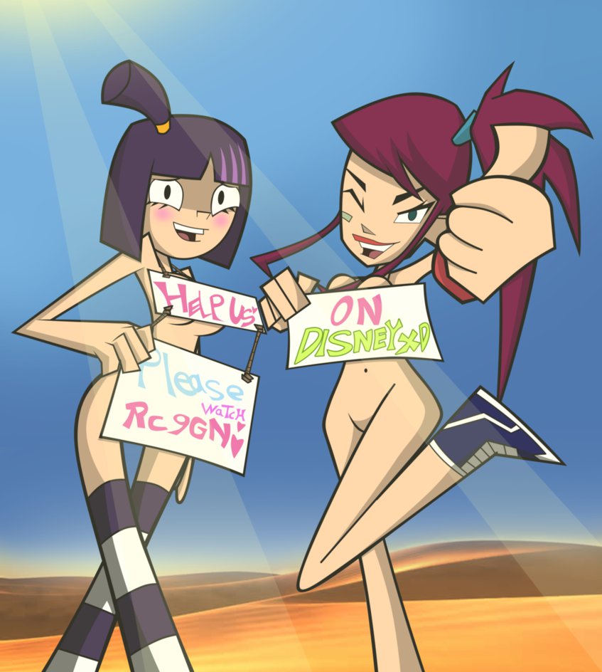 2girls black_eyes blush breasts cover_up dancing_fish_members derivative_work disney disney_xd female green_eyes grimphantom heart morgan_(randy_cunningham) multiple_girls nude ponytail purple_hair randy_cunningham:_9th_grade_ninja shy smile theresa_fowler tied_hair twintails