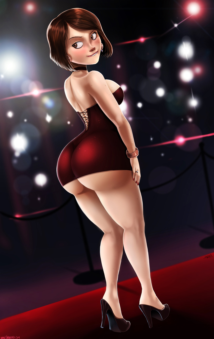 ass ass_in_dress biting_lip bodycon bracelet breasts brown_eyes brown_hair choker cleavage dat_ass disney dress female female_only helen_parr high_heels huge_ass large_breasts looking_back milf nail_polish pixar public ring shadman short_hair skimpy smile smooth_skin solo standing the_incredibles tube_dress