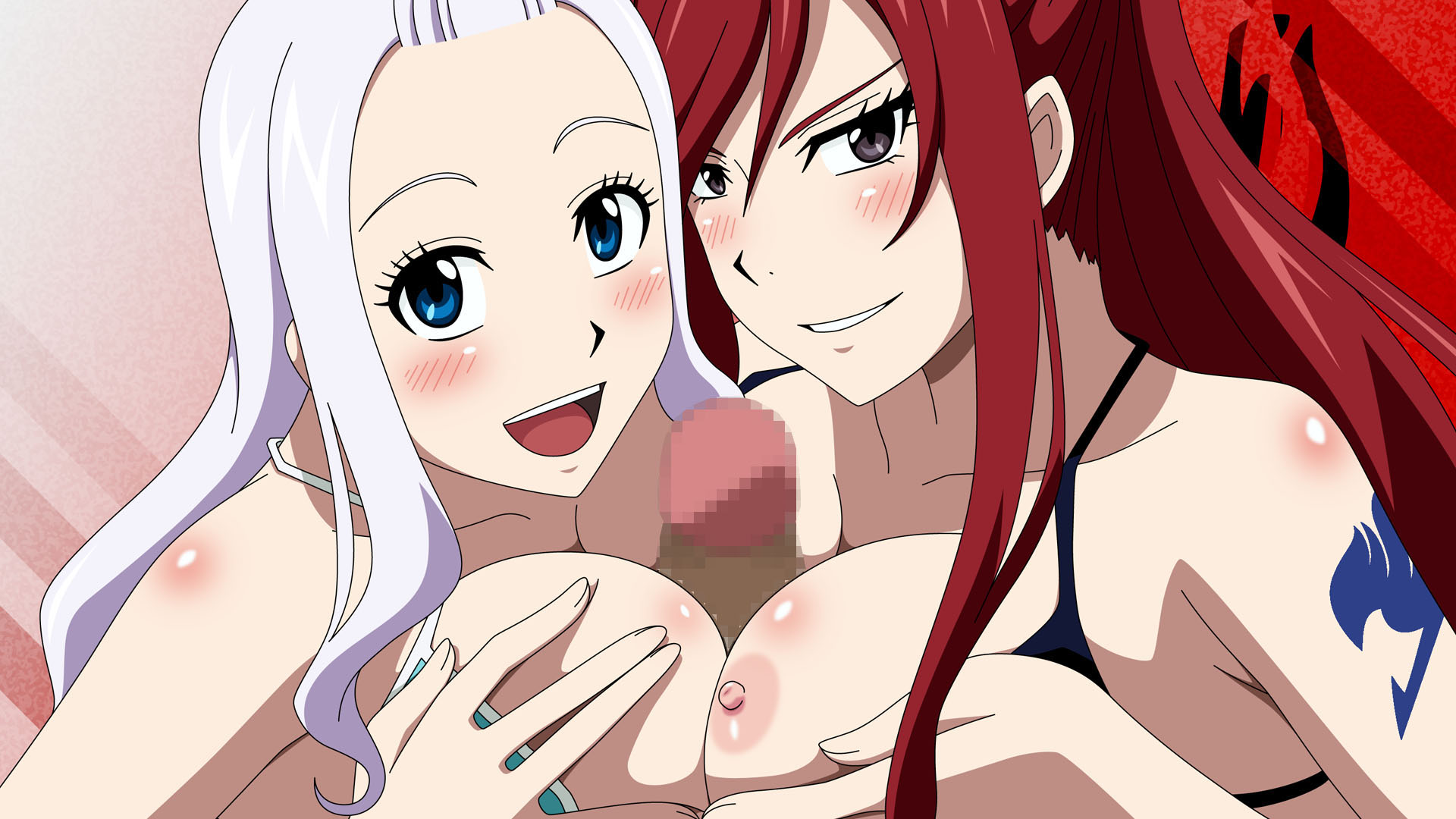 1boy, 2girls, areolae, arm tattoo, bikini, bikini top, black eyes, blue eyes, blue tattoo, blush, breast press, breast squeeze, breasts, censored, erza scarlet, fairy tail, fairy tail mark, female, highres, human, large breasts, long hair, looking at viewer, male, mirajane strauss, mosaic censoring, multiple females, nipples, open mouth, paizuri, penis, red hair, red-haired female, simple background, smile, straight, tattoo, tattoo on arm, tattooed arm, threesome, white hair, white-haired female