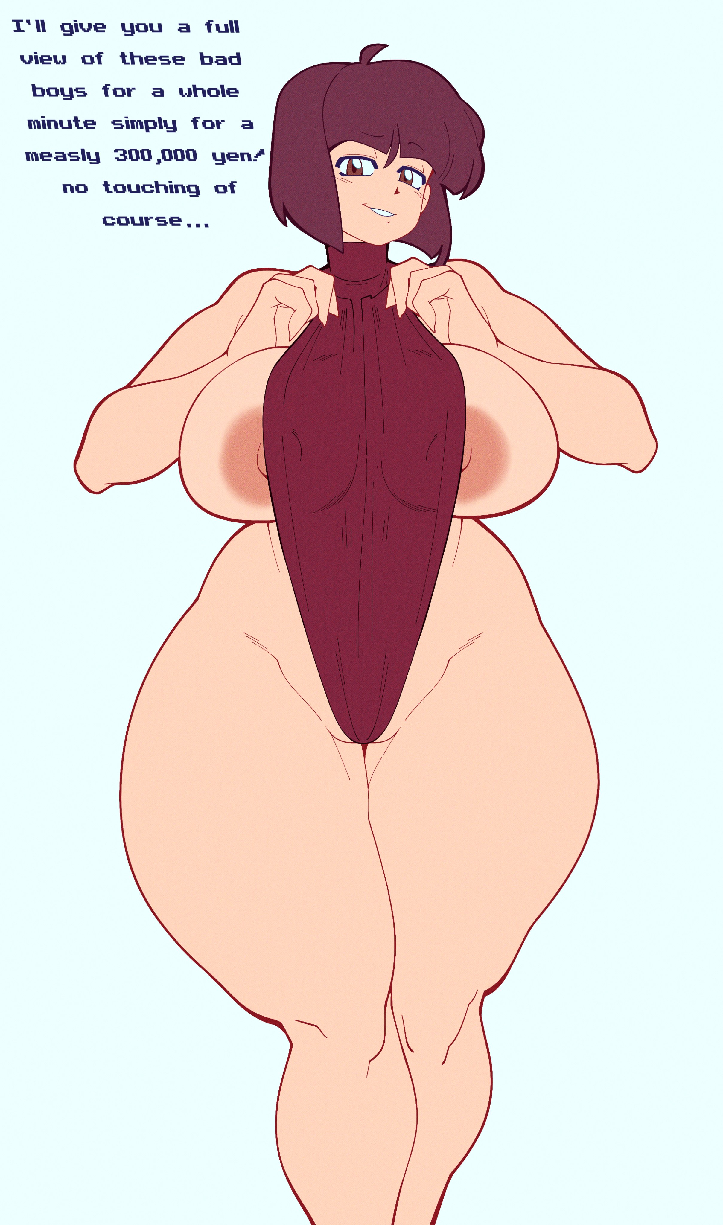 1girls, absurd res, areolae, bare shoulders, big breasts, bob cut, breasts, brown eyes, brown hair, clothing, curvy, dialogue, english text, eyebrows visible through hair, eyelashes, female, female focus, female only, hips, huge breasts, human, large areolae, large breasts, looking at viewer, medium hair, nabiki tendo, nipple bulge, nipple slip, nipples, nipples visible through clothing, one-piece swimsuit, parted lips, pinup, ranma 1/2, revealing clothes, seductive, simple background, skimpy, smile, smirk, solo, solo female, swimsuit, talking to viewer, teasing, tecfuzz, teeth, text, thick thighs, thighs, turtleneck, voluptuous, white background, wide hips
