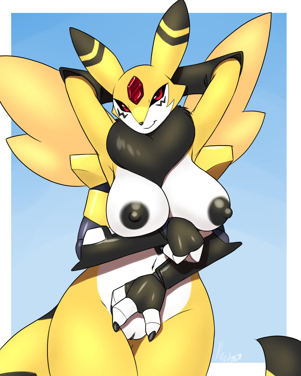 areola arthropod bandai_namco bee big_breasts breasts canid canine cybernetics cyborg digimon digimon_(species) female fox furball gem genitals hi_res hymenopteran insects machine mammal markings multi_arm multi_limb neck_floof nipples pussy renamon