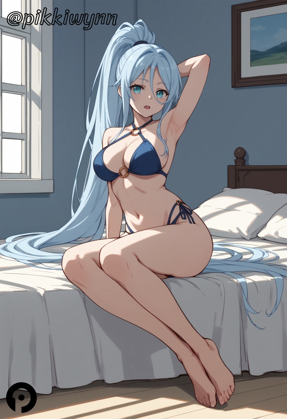 _kimamani_majutsu_o_kiwamemasu ai_generated arm_behind_head arm_up armpits bare_arms bare_legs bare_shoulders barefoot bed bikini blue_bikini blue_eyes blue_hair breasts cleavage criss-cross_halter feet female full_body hair_between_eyes halterneck highleg_bikini indoors large_breasts legs long_hair looking_at_viewer navel o-ring o-ring_bikini on_bed open_mouth pikkiwynn pillow ponytail side-tie_bikini_bottom sidelocks sitting solo stomach string_bikini swimsuit sylpha tensei_shitara_dai_nana_ouji_dattanode thighs toes very_long_hair window