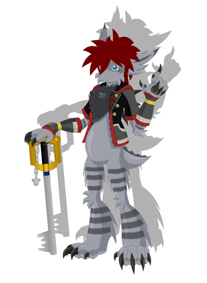 acenath-sama blue_eyes claws clothing cute_face cute_smile deishun_(species) fluffy fluffy_chest gloves grey_body grey_fur grey_markings keyblade kingdom_hearts kingdom_hearts_iii male monster monster_sora_(character) necklace only_male red_hair safe_for_work solo solo_male sora sora_(kingdom_hearts) spines sword tail weapon