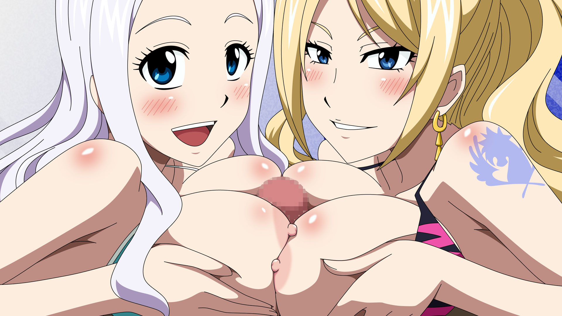1boy, 2girls, areolae, artist request, bikini top, blonde hair, blonde-haired female, blue eyes, blue pegasus mark, blue tattoo, blush, breast press, breast squeeze, breasts, censored, earrings, fairy tail, female, highres, jenny realight, large breasts, long hair, looking at viewer, male, mirajane strauss, mosaic censoring, multiple females, nipples, open mouth, paizuri, penis, ponytail, shoulder tattoo, simple background, smile, straight, tattoo, tattoo on shoulder, tattooed shoulder, threesome, tied hair, unseen male face, white hair, white-haired female