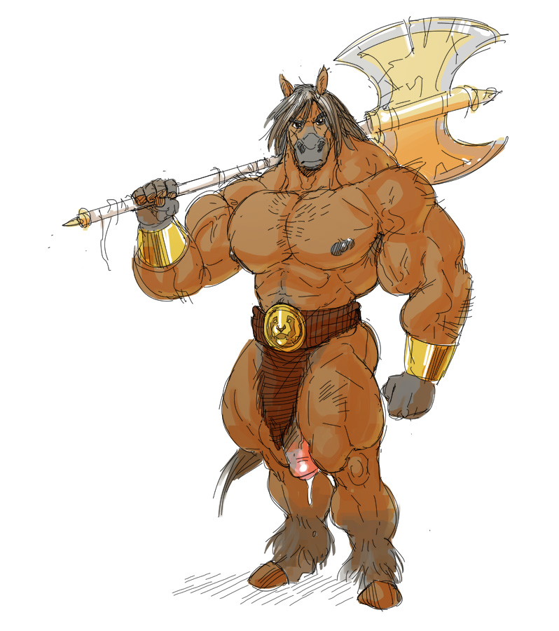 anthro axe barbarian belt biceps big_muscles brown_fur clothing equine fur horse loincloth male male_only mammal muscles muscular nipples pecs penis_slip precum solo stagor55 weapon wristguards