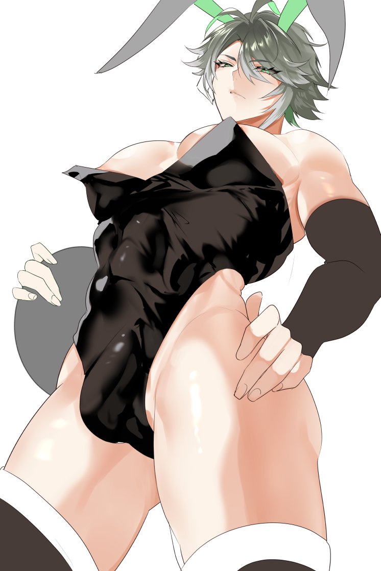 1boy, alhaitham (genshin impact), breasts, bulge, busty, genshin impact, leotard, male, male only, playboy bunny, playboy bunny costume, playboy bunny leotard, playboy outfit, solo, solo male