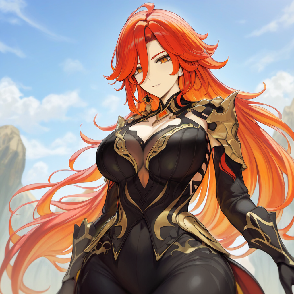 ai_generated ass big_ass big_breasts breasts female female_only genshin_impact long_hair mavuika_(genshin_impact) red_hair simple_background solo solo_female thick_thighs thighs