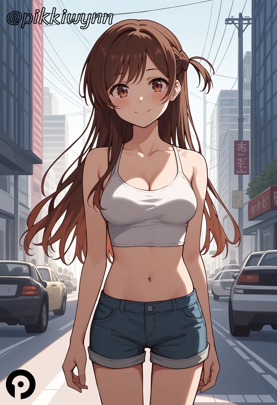 ai_generated bangs bare_arms bare_shoulders blue_shorts blush breasts brown_eyes brown_hair building camisole car cleavage closed_mouth collarbone cowboy_shot crop_top day denim denim_shorts female ground_vehicle kanojo_okarishimasu long_hair looking_at_viewer medium_breasts midriff mizuhara_chizuru motor_vehicle navel one_side_up outdoors pikkiwynn road shirt short_shorts shorts sleeveless sleeveless_shirt smile solo stomach white_shirt