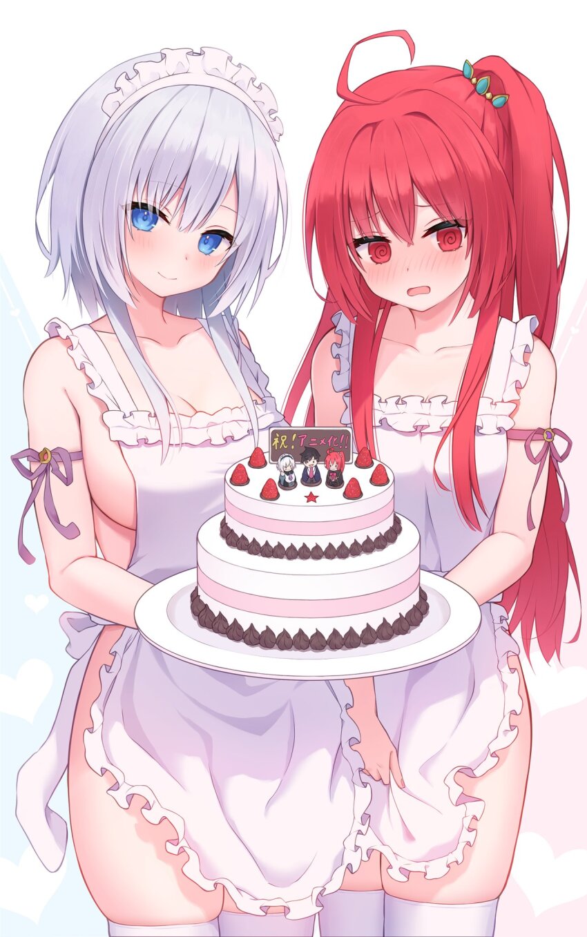 apron blush cake himeji_shirayuki liar_liar open_mouth red_hair saionji_sarasa white_hair