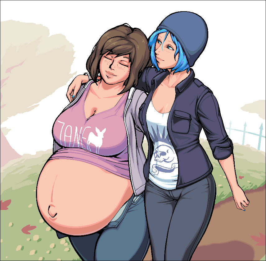 2girls bare_belly chloe_price cleavage closed_eyes freckles hand_on_shoulder huge_belly huge_breasts hyper_belly hyper_pregnancy large_breasts lesbian life_is_strange massive_belly maternal-reads max_caulfield outie_navel pregnant pregnant_belly ready_to_pop smile swollen_breasts thick_thighs unzipped_pants wholesome yuri