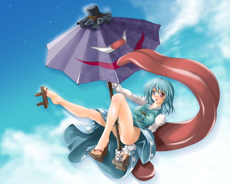 blue_eyes blue_hair blush color geta heterochromia karakasa_obake kogasa_tatara mio_(fastest_lap) no_panties pussy pussy_peek red_eyes short_hair solo toes tongue touhou umbrella