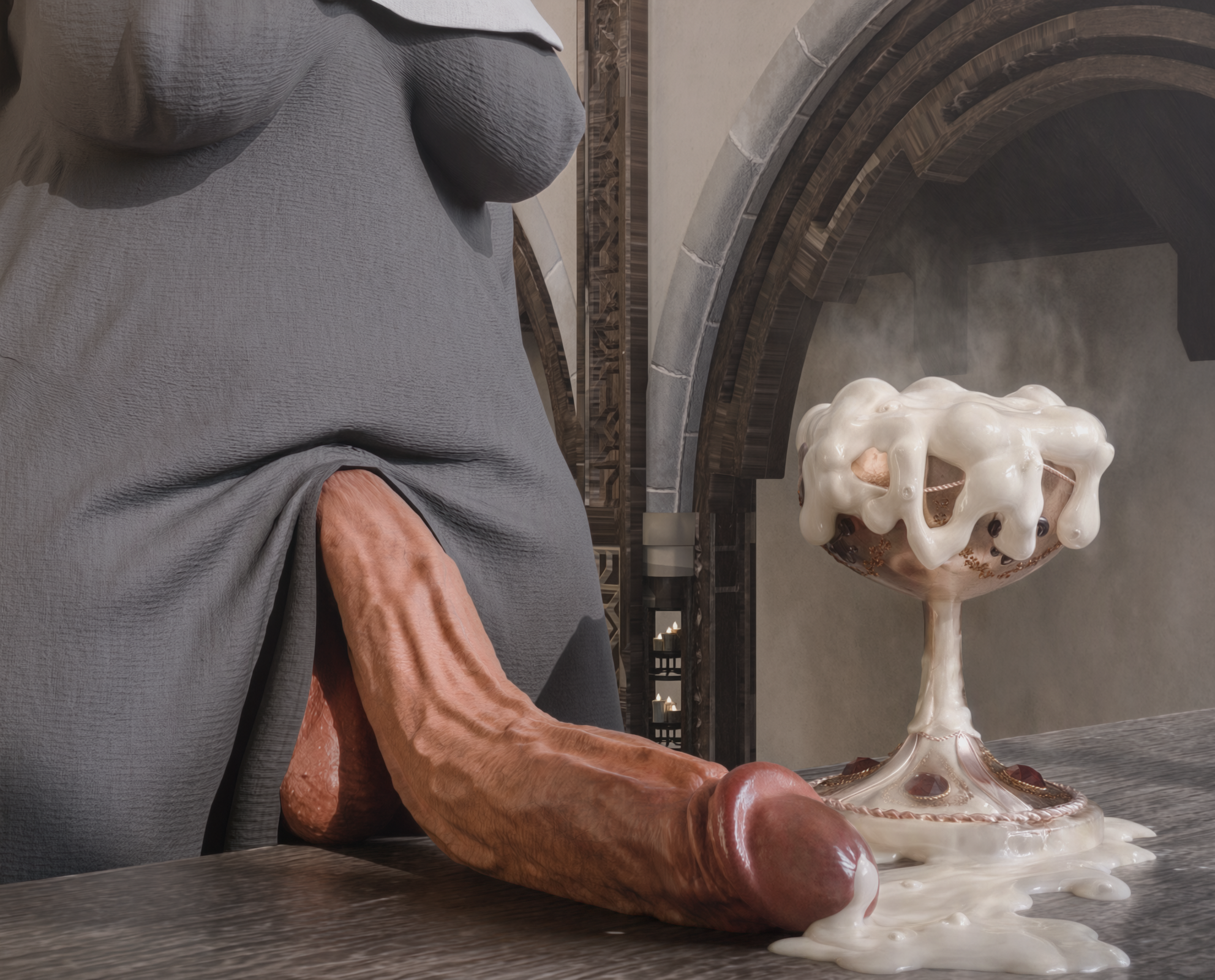 1futa, 3d, absurd res, absurdres, ass, balls, ballsack, big ass, big balls, big breasts, big butt, big penis, breasts, bulge, chalice, chubby, chubby futa, church, church interior, clothed, clothing, cum, cum bubble, cum drip, cum in container, cumshot, curvy, curvy body, curvy figure, curvy futa, dangling balls, dangling testicles, dress, female pov, flaccid, flaccid penis, from below, full-package futa, futa milf, futa only, futadom, futanari, half-erect, hips, huge ass, huge balls, huge breasts, huge butt, huge cock, huge testicles, hyper balls, hyper penis, intersex, large breasts, lifting skirt, light skin, light-skinned futa, low hanging balls, mature, mature futa, no panties, nun, nun futa, nun habit, nun outfit, nun's habit, oppai, original character, overweight, overweight futa, pelvic curtain, penis, penis bulge, penis out, penis under clothes, penis under dress, penis under loincloth, penis under skirt, plump, plump ass, poking out, pov, scrotum, semi-erect, simple background, solo, taker pov, testicles, thick, thick ass, thick cum, thick legs, thick lips, thick penis, thick thighs, thighs, tight, tight clothes, tight clothing, tight fit, tiltproofno, veiny penis, wet body, wide hips