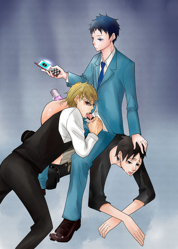 3boys anal anal_insertion cum dildo durarara!! gay glasses group_sex heiwajima_shizuo male male_only malesub master multiple_boys oral orihara_izaya penis phone ryuugamine_mikado slave sunglasses threesome tinted_eyewear yaoi