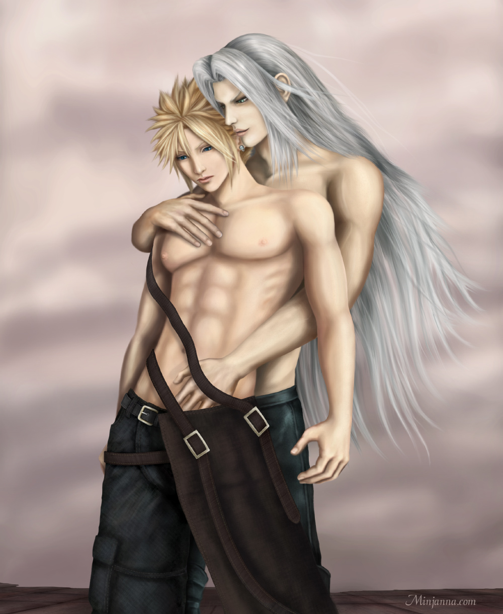 2boys blonde_hair cloud_strife earrings final_fantasy final_fantasy_vii gay highres jewelry long_hair male male_only minjanna multiple_boys muscle reach_around sephiroth silver_hair straight_hair topless undressing yaoi