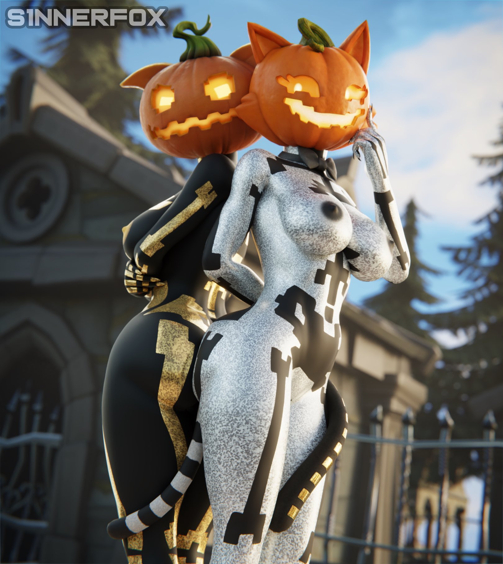2026, 2girls, 3d, anthro, areola, areolae, ass, ass to ass, ass-to-ass, black nipples, blurry background, boobs, bowtie, breasts, butt, cat ears, duo, epic games, female, female only, for a head, fortnite, fortnite: battle royale, fortnitemares, graveyard, halloween, humanoid, jack-o'-lantern, neckwear, nipples, object head, orange nipples, outside, pumpkin, pumpkin head, s1nnerfox, spice (fortnite), standing, sugar (fortnite), tail, thighs, tits