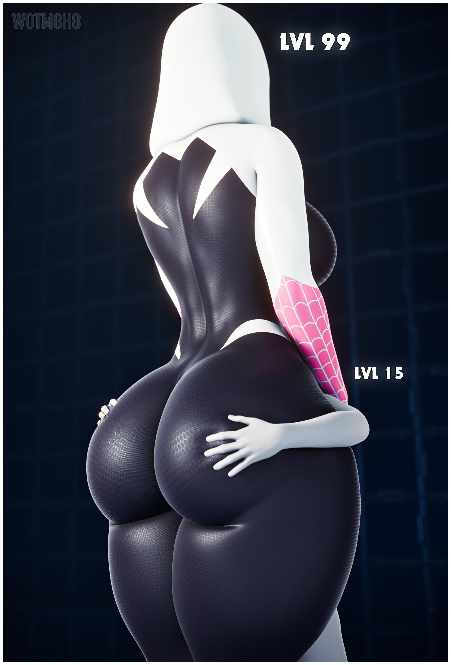 1boy, 1girls, 3d, anon, anonymous male, ass, ass focus, behind view, big ass, big breasts, big butt, bigger female, bodysuit, breasts, bubble ass, bubble butt, female, female focus, giantess, gwen stacy, gwen stacy (spider-verse), height difference, heroine, huge ass, large ass, large boobs, large breasts, large butt, large female, larger female, male, marvel, marvel comics, mask, masked, masked female, mini giantess, shorter male, size difference, smaller male, sony, spider-gwen, spider-man (series), spider-man: across the spider-verse, spider-man: into the spider-verse, superheroine, thick thighs, thighs, worship, worshiping, worshipping, wotm8h8